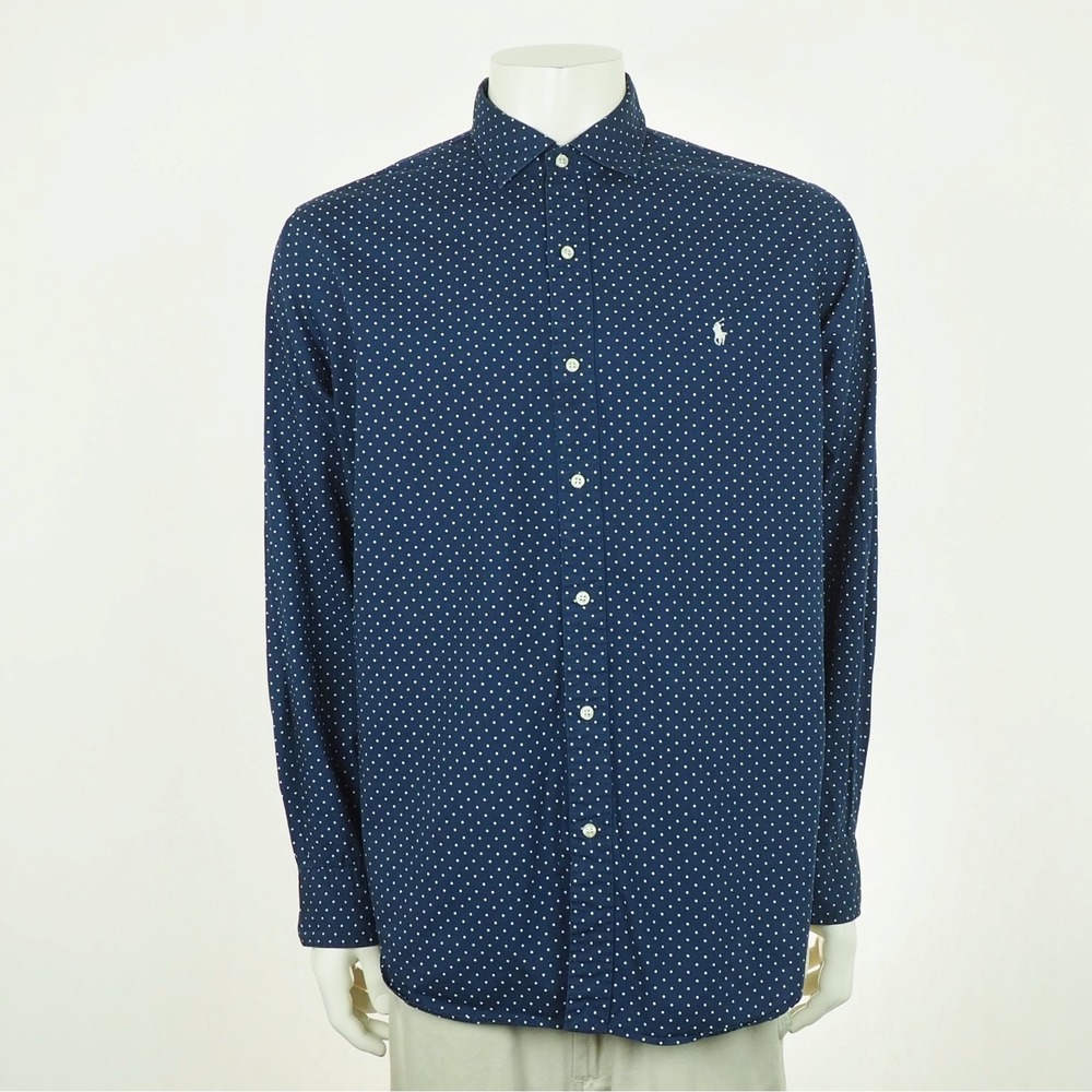 Polo Ralph Lauren Button Down Shirt Mens XL Navy Blue Dots RL Classic Fit Cotton